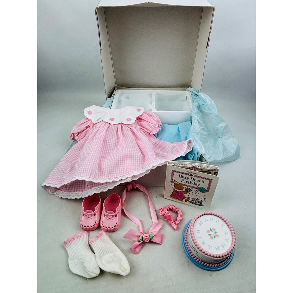 Pleasant Company Bitty Baby Happy Birthday Set Pink Dress Book Cake 1995 Vtg
